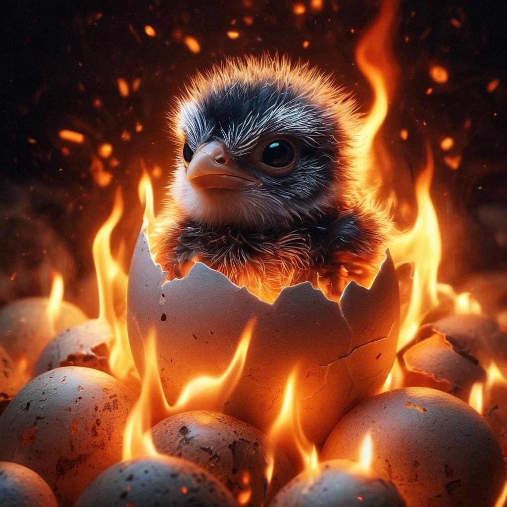 Newborn Phoenix Hatching from Fiery Eggshell