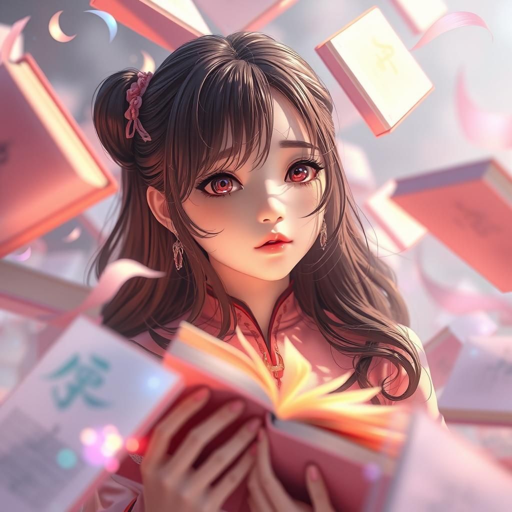 Dreamlike Anime Scene with Iridescent Books