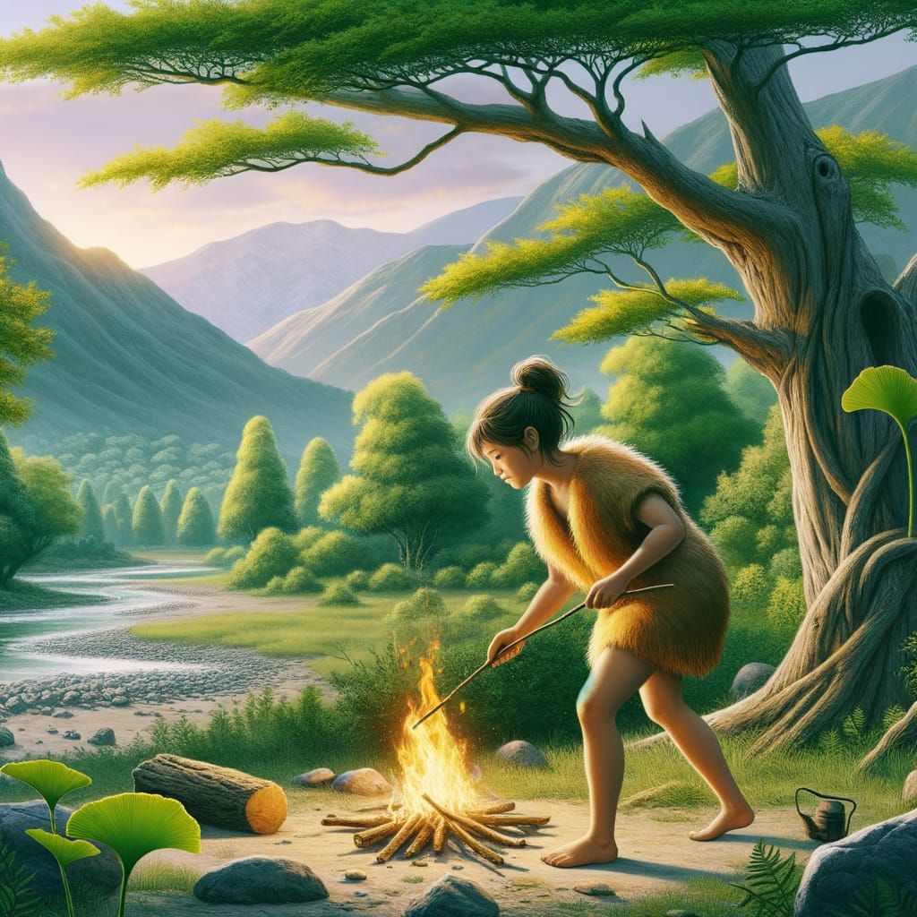 Ancient Woman Ignites Fire in Primeval Landscape