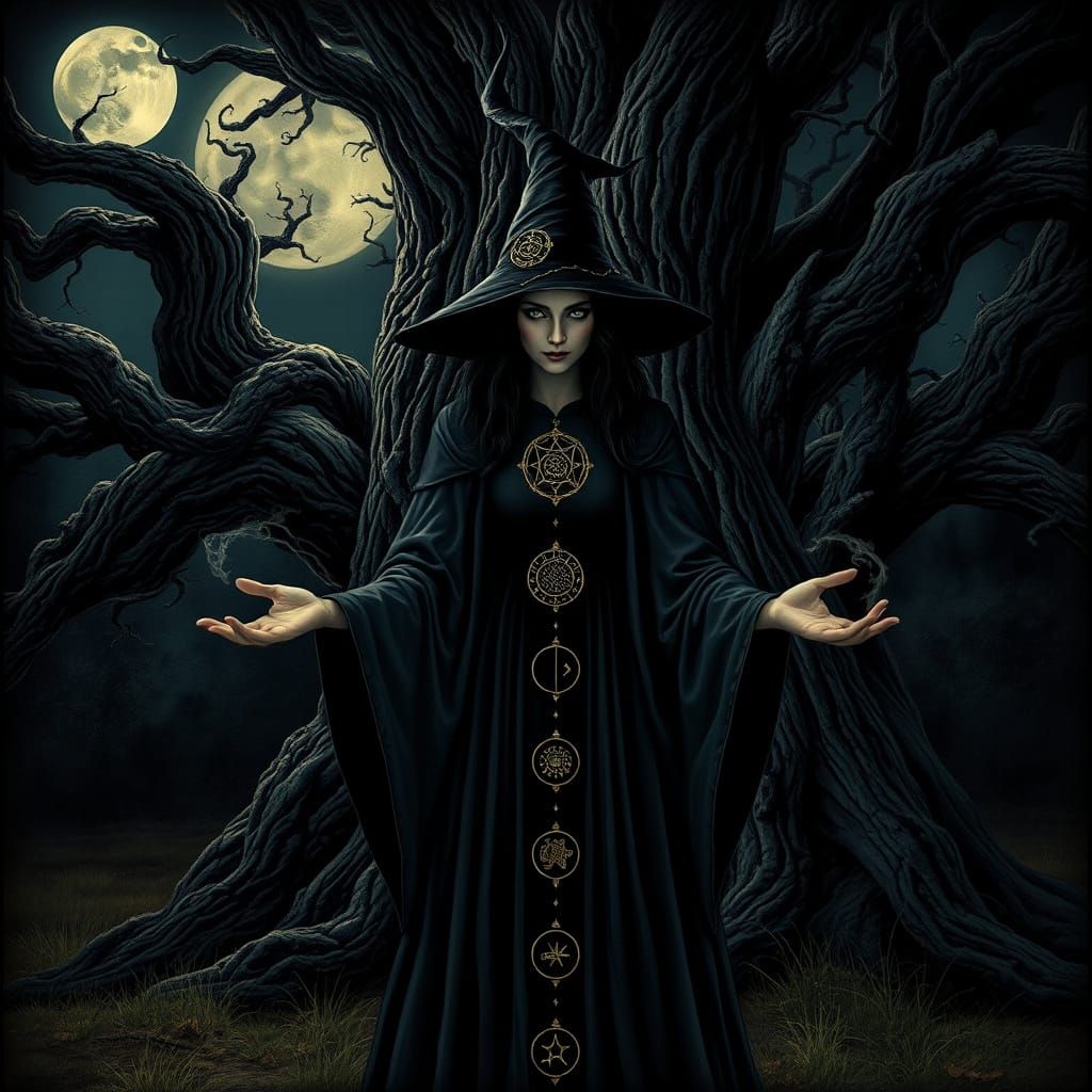 Mysterious Witch Under Full Moon in Dark Fantasy Style