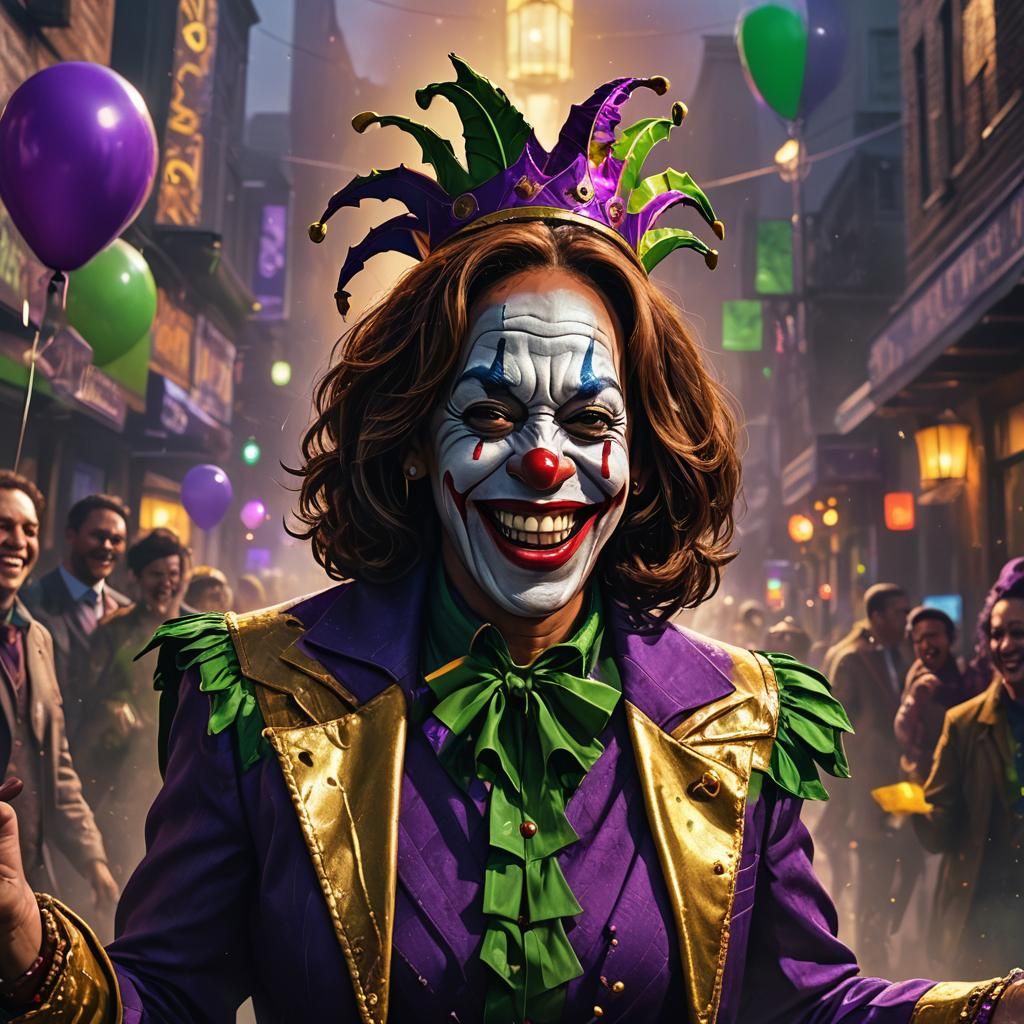 Kamala Harris joker laughing lying joker character clown face villain