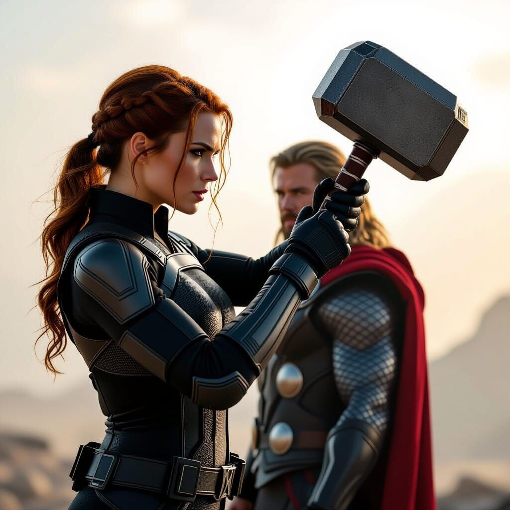 Black Widow Grasps Thor's Hammer: Cinematic 35mm Film