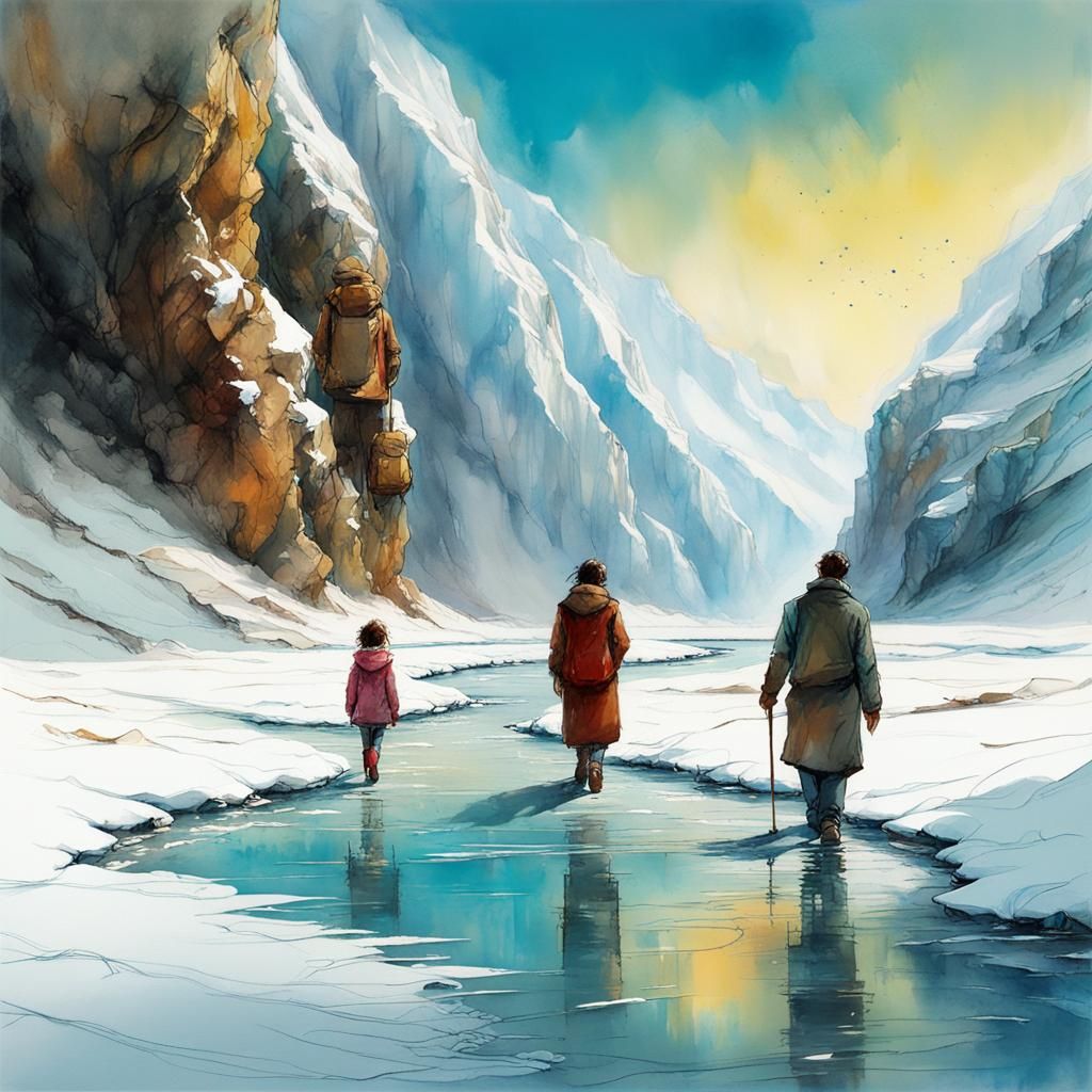 Icy River Walk: Winter Scene in Silk Screen Style