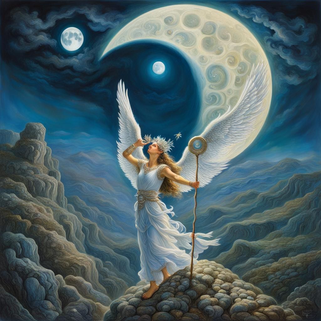 Winged Woman Conjuring Moon Energy, Visionary Art