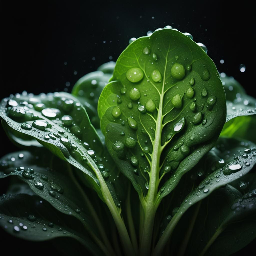 Spinach Silhouette with Water Droplets in Magical Dimension