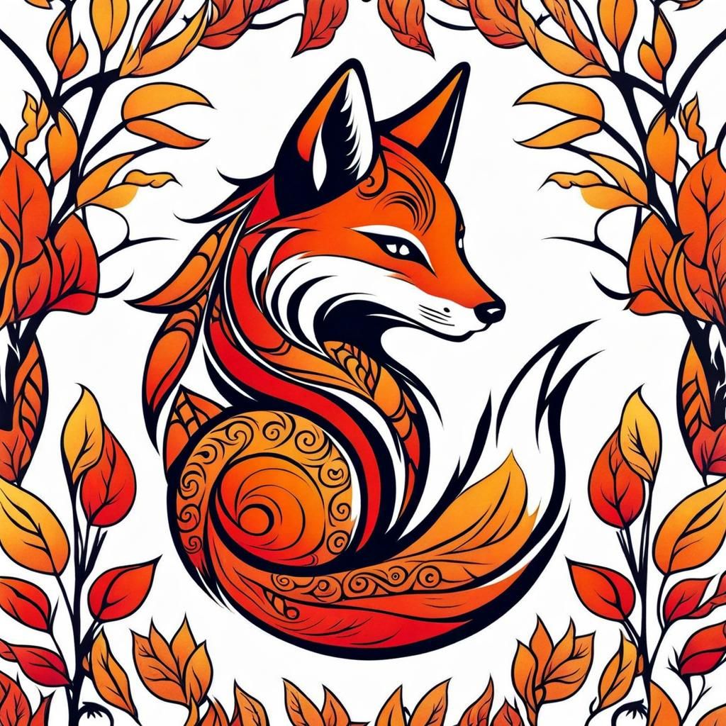 Vibrant Tribal Kitsune Tattoo in Autumn Colors