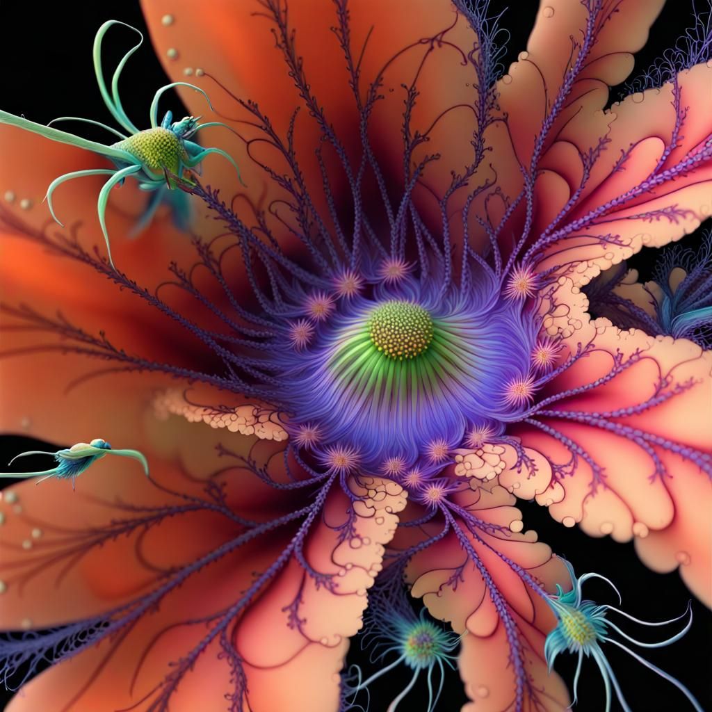 Intricate Fractal Flower with Flying Insect Hybrid