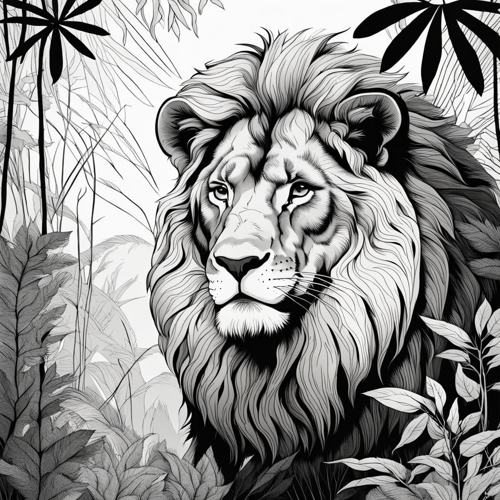 Striking Line Art of a Lion in Jungle