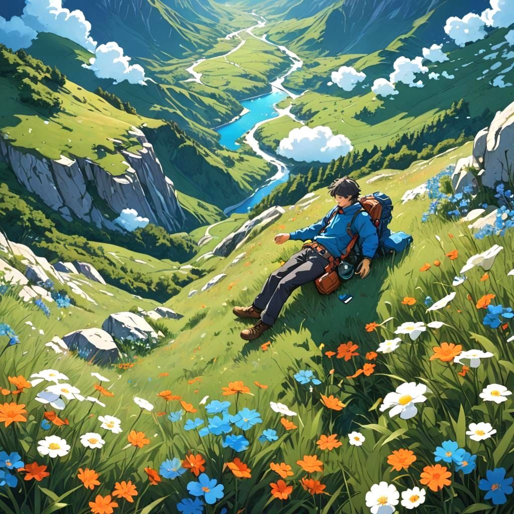 Man in Mountains, Manga Style Bird's-Eye View