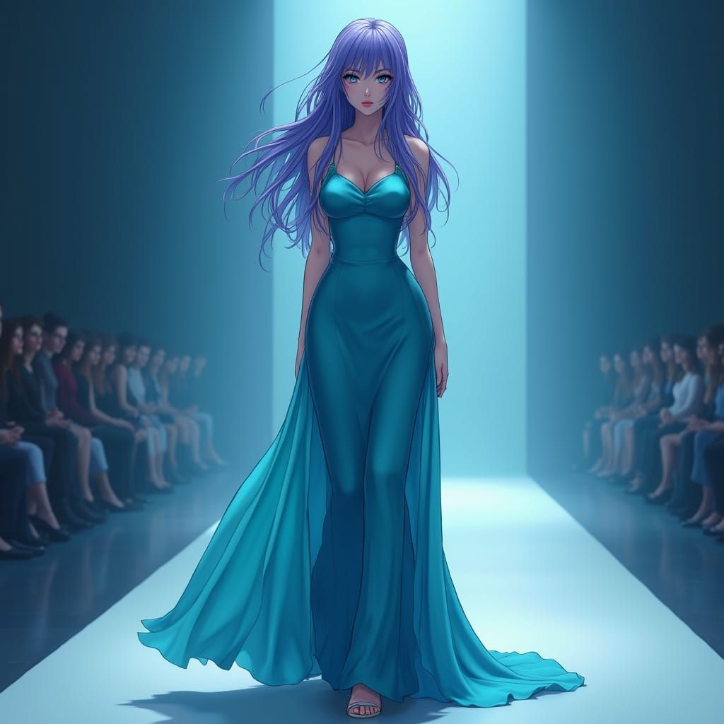 Goddess in Vibrant Blue Green Gown Struts Down Moonlit Runwa...