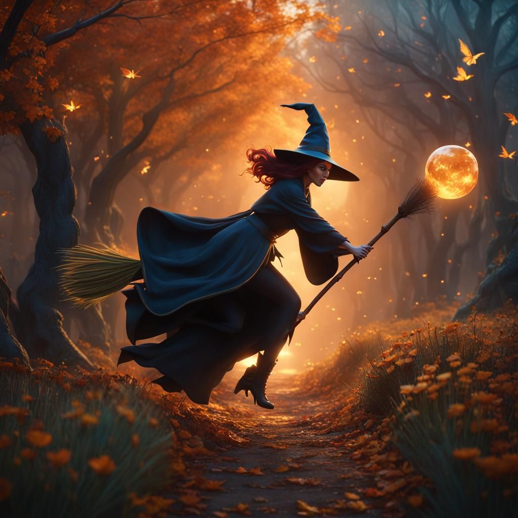 Enchanting Witch Flying on Broomstick: Fantasy Art
