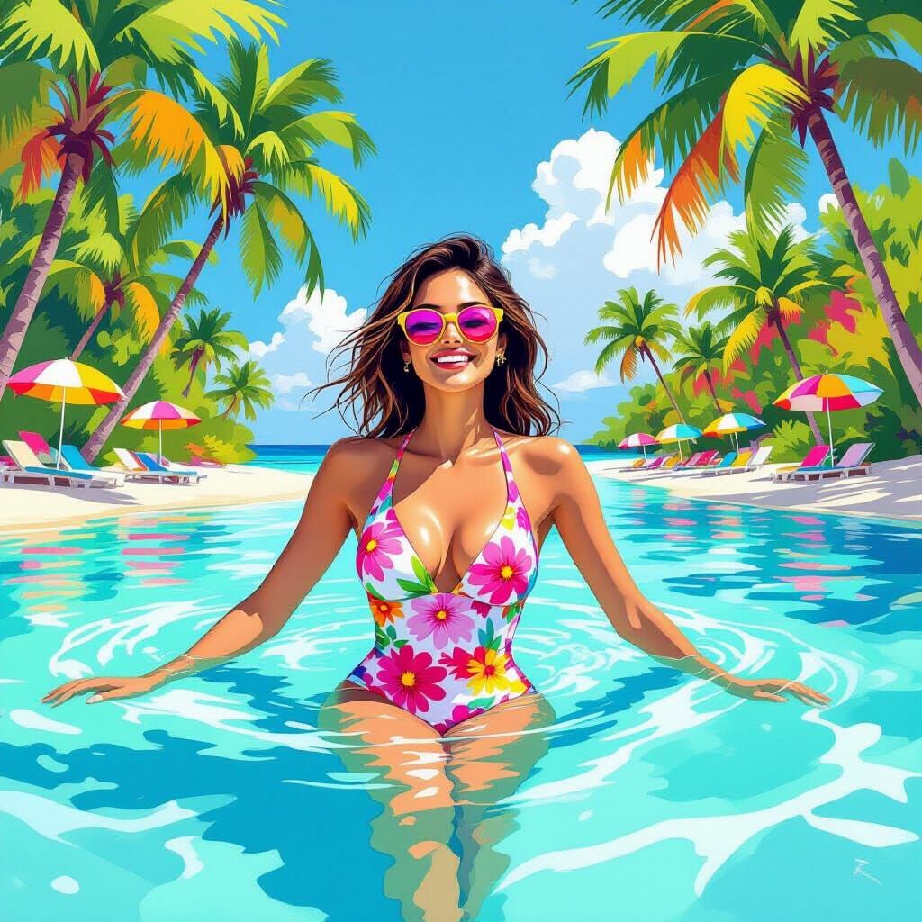 Woman in Lagoon: Vibrant Art Style