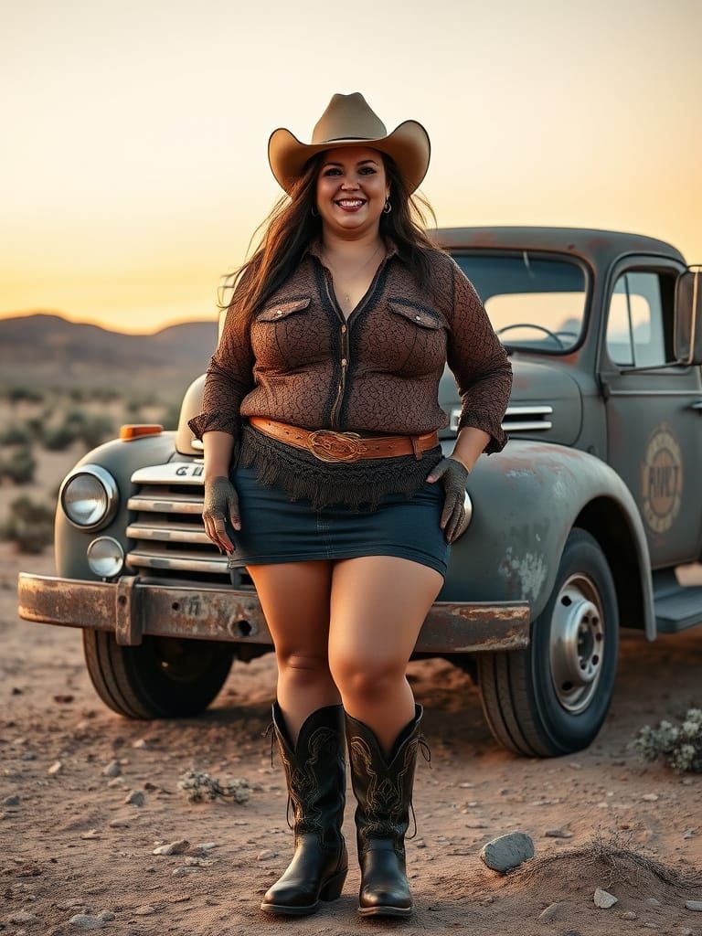 Curvy Cowgirl Portrait at Sunset in the Desert