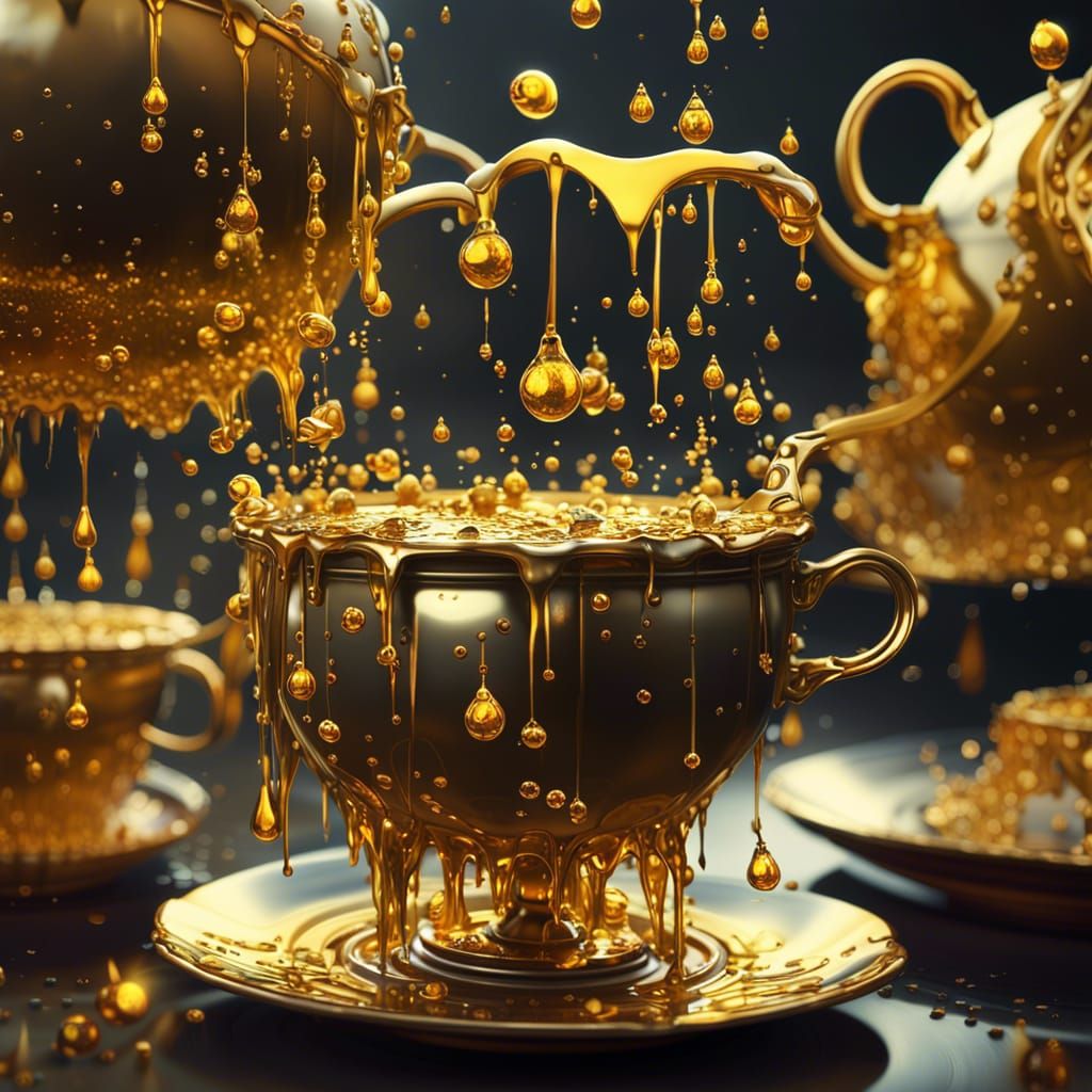 Ghibli-Style Golden Cluster in Mirrored Teacup