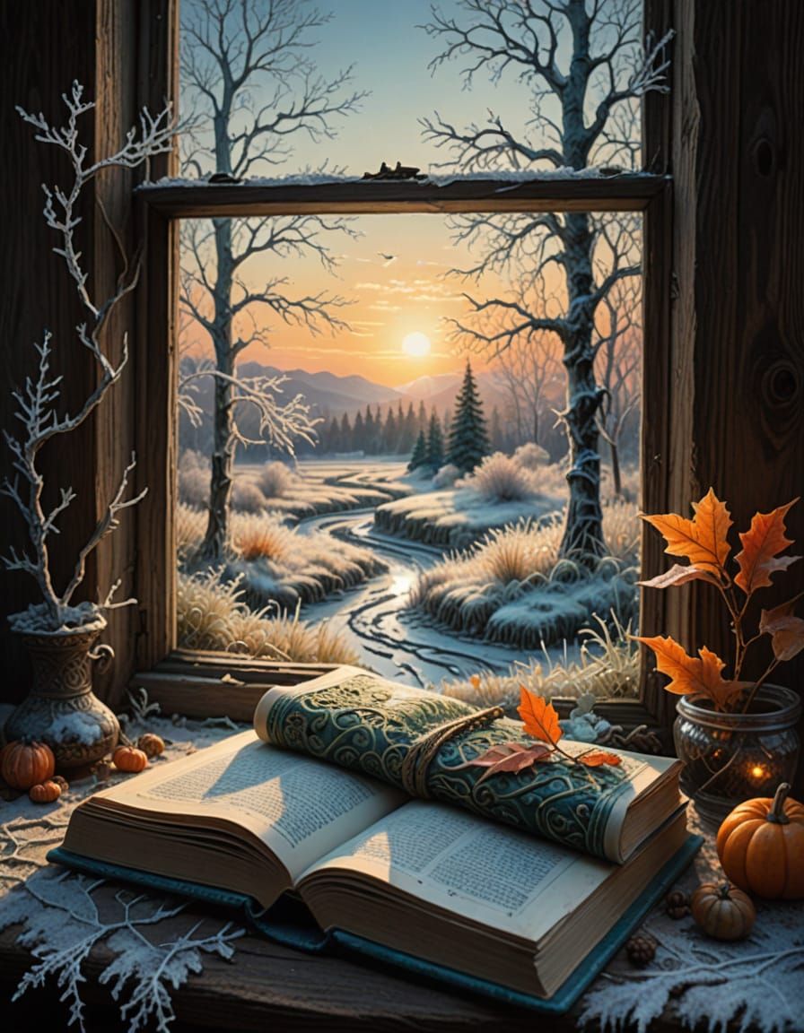 Surreal Autumn Landscape on Book, Frosty Sunrise Oil Paintin...
