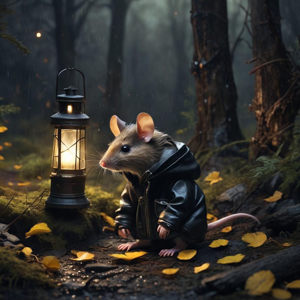 Mouse in Jacket with Lantern in Rainy Forest