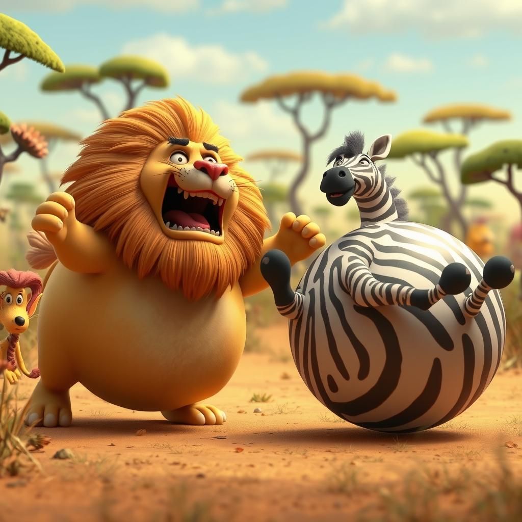 Comical Round Lion and Zebra Chase on Savannah