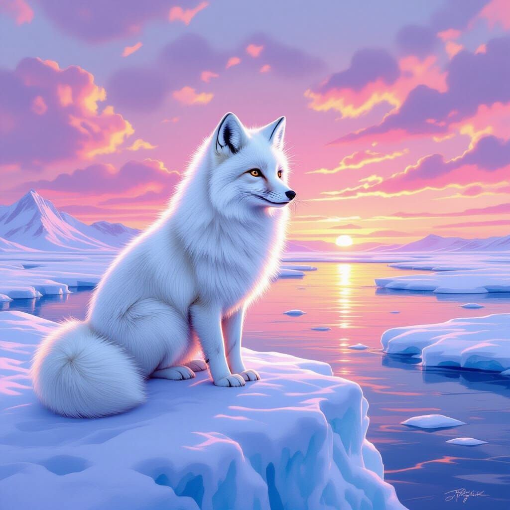 Arctic Fox on Ice Floe: Alphonse Mucha Inspired Art