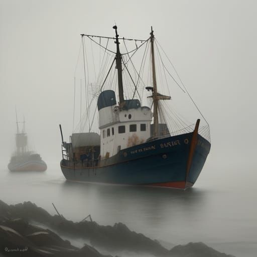 Misty Harbor: Trawler in Watercolor Style