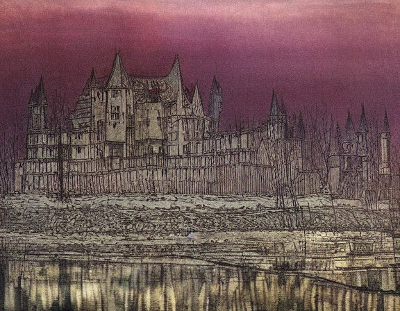 Mystical Castle Ruin Emerges in Violet Morning Glow