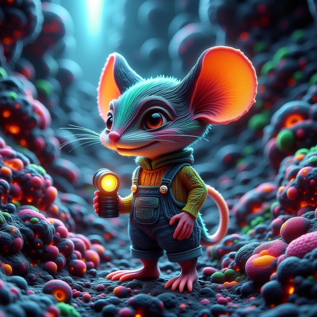 Whimsical Chibi Creature Amidst Vibrant Bismuth Fractals