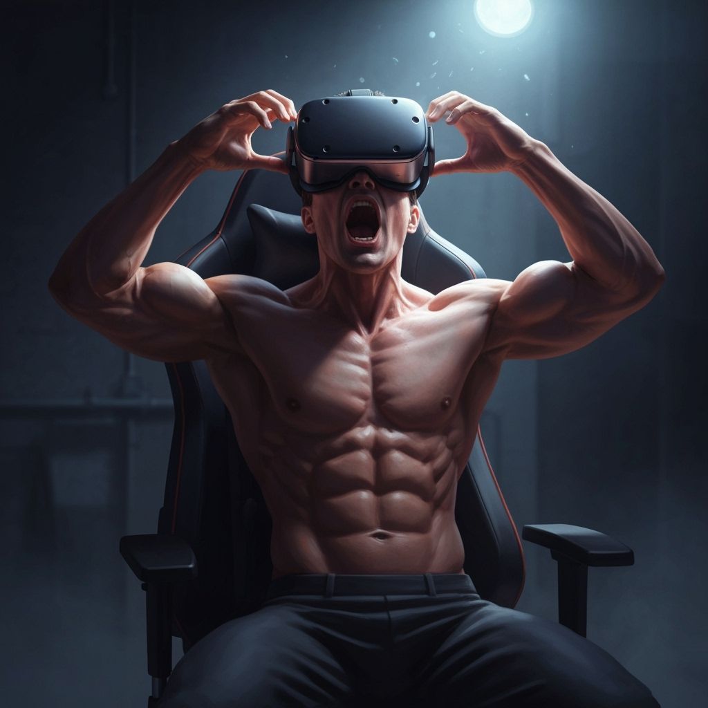Intense VR Gaming: Muscular Man Fights Headset
