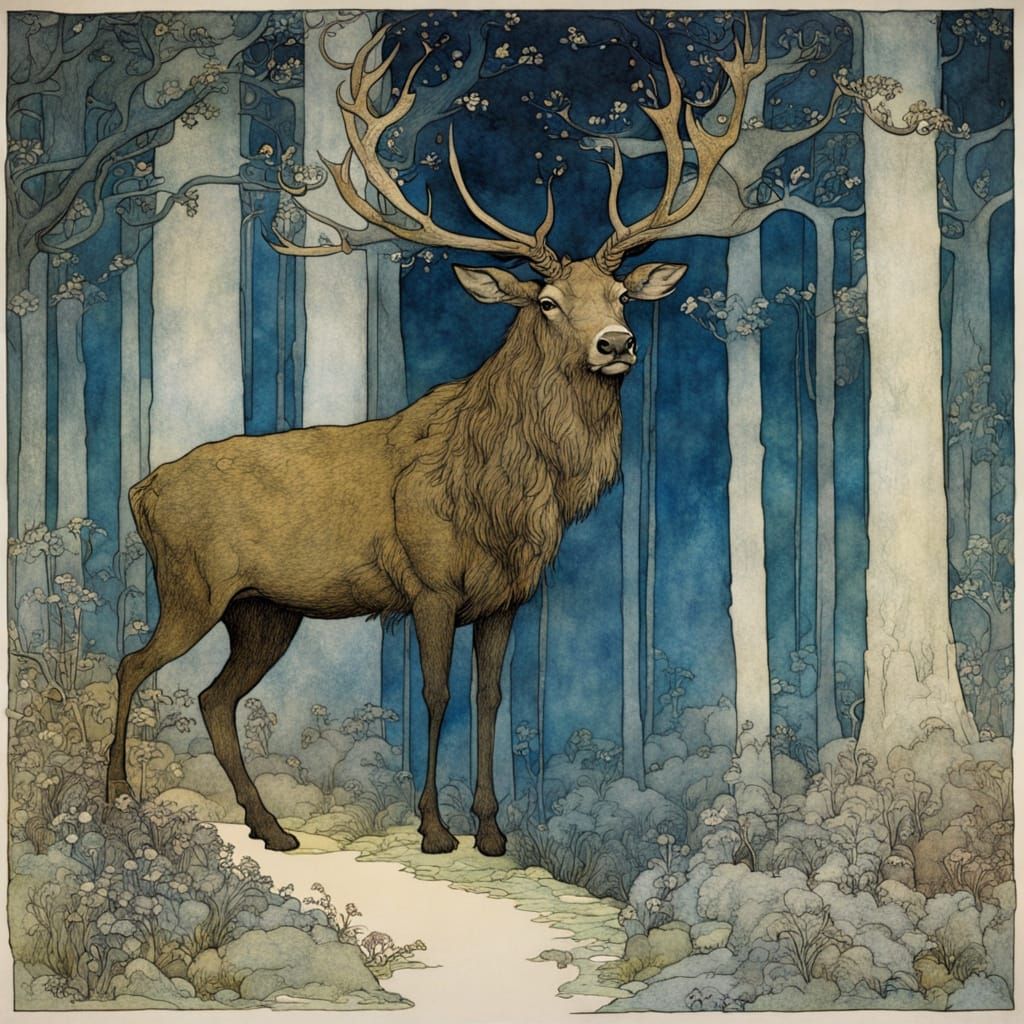 Enchanted Stag in Misty Glade, Art Nouveau Style