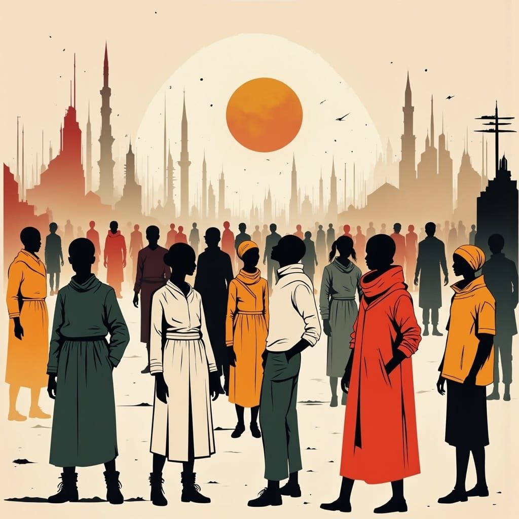 Global Village Silhouettes in a Geometric Cityscape