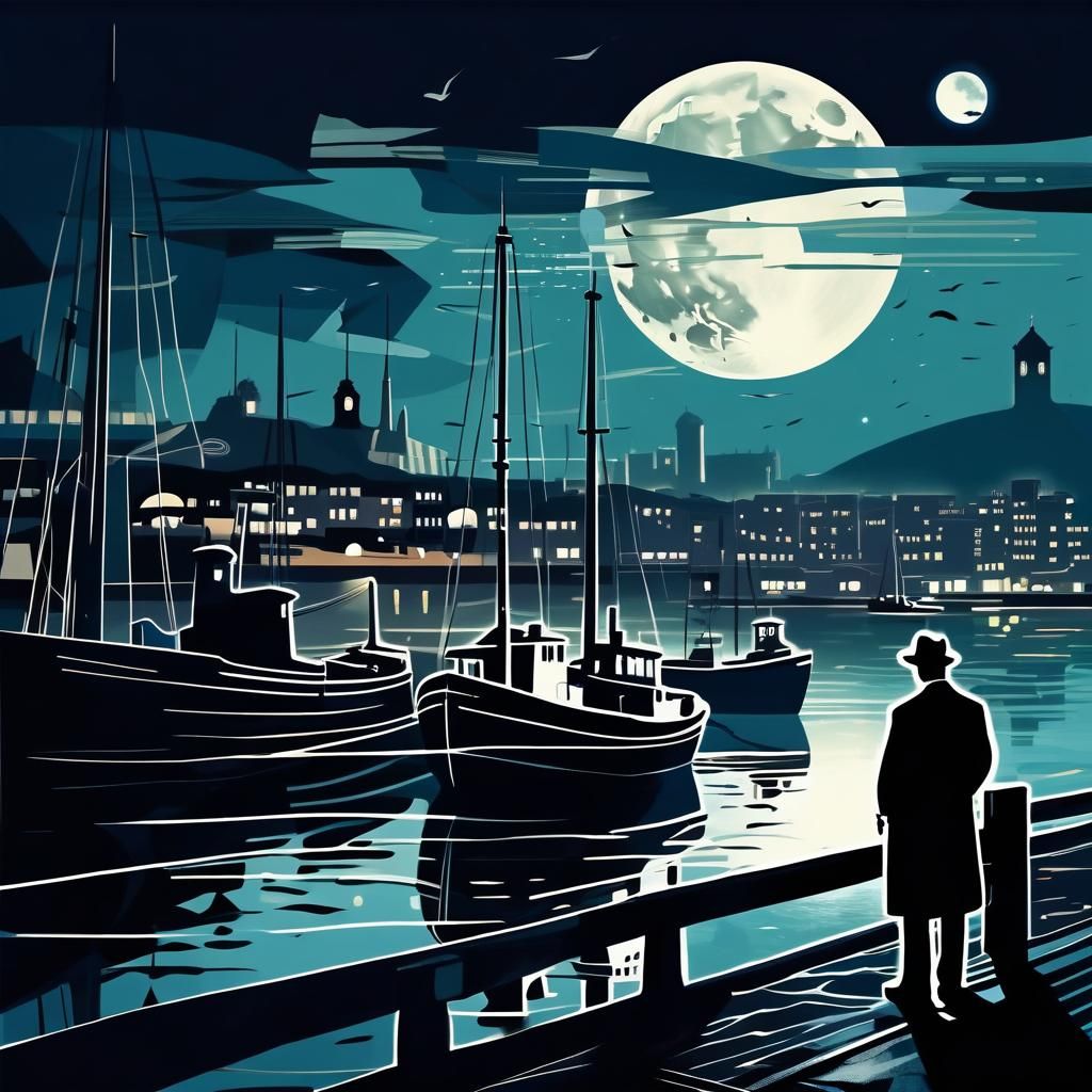 Futuristic Harbor Scene with Detective in Cyberpunk Style