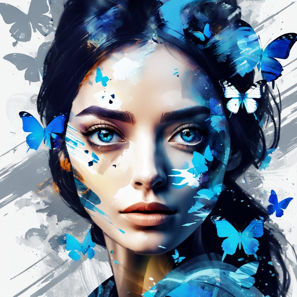 Surreal Portrait of a Young Girl with Vibrant Butterflies an...