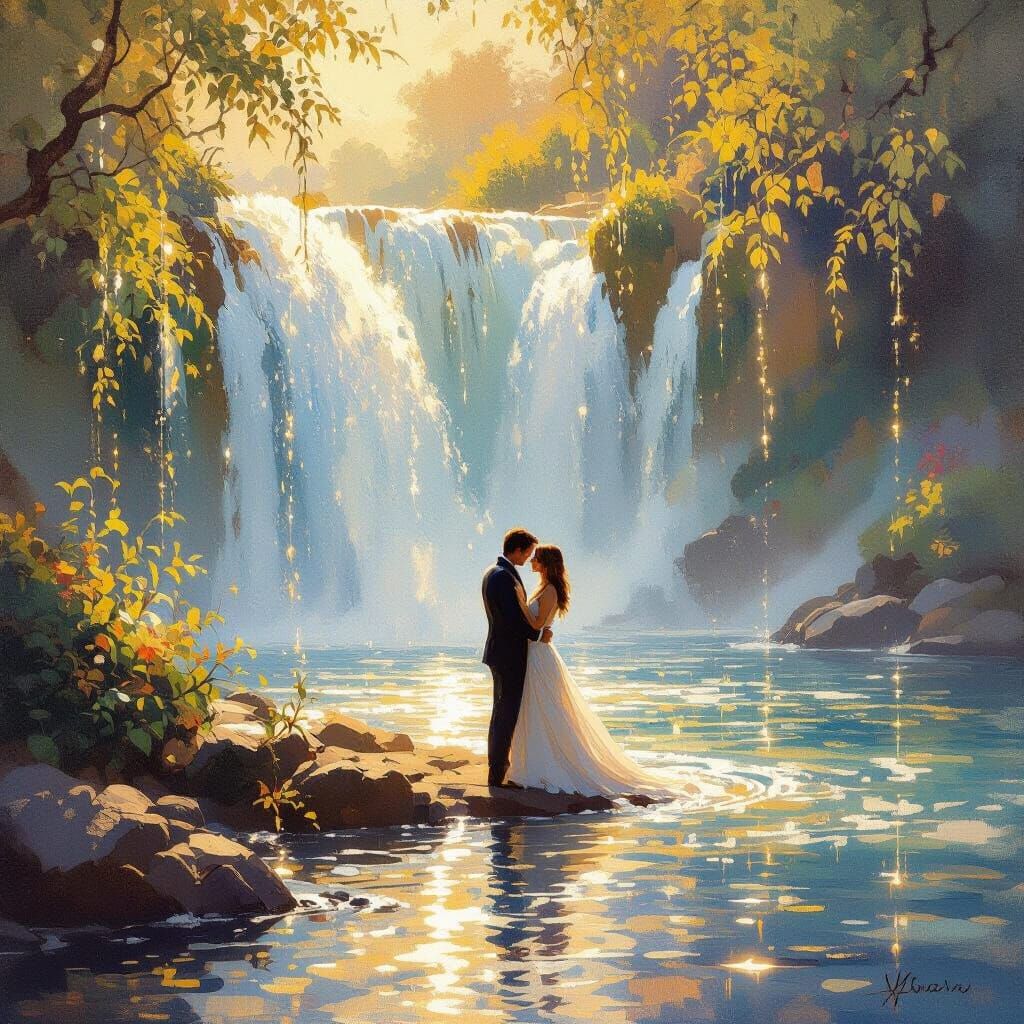 Romantic Couple by Sparkling Waterfall in Golden Sunlight