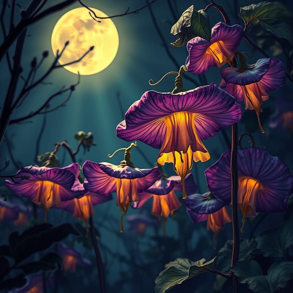 Regal Purple Abutilon Flowers in Mystical Art Nouveau Landsc...