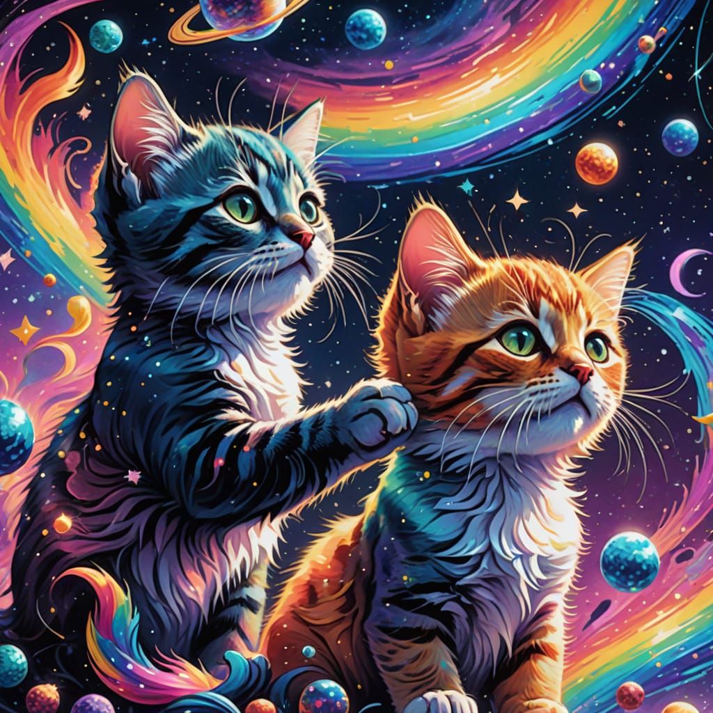 Rainbow Kittens Play in Space: A Cosmic Illustration