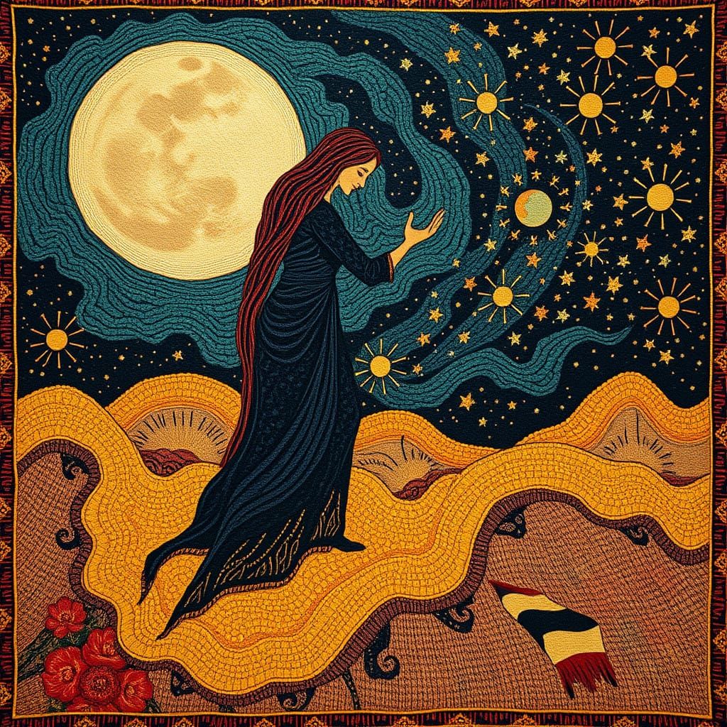 Surrealist Tapestry Depicts a Woman Placing the Sun on the M...