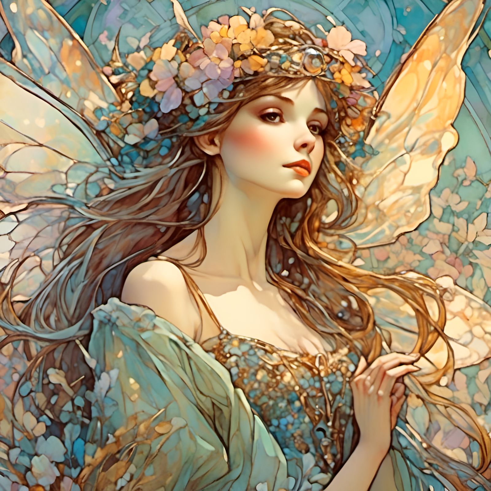 Beautiful fantasy fairy, art by alfonze mucha