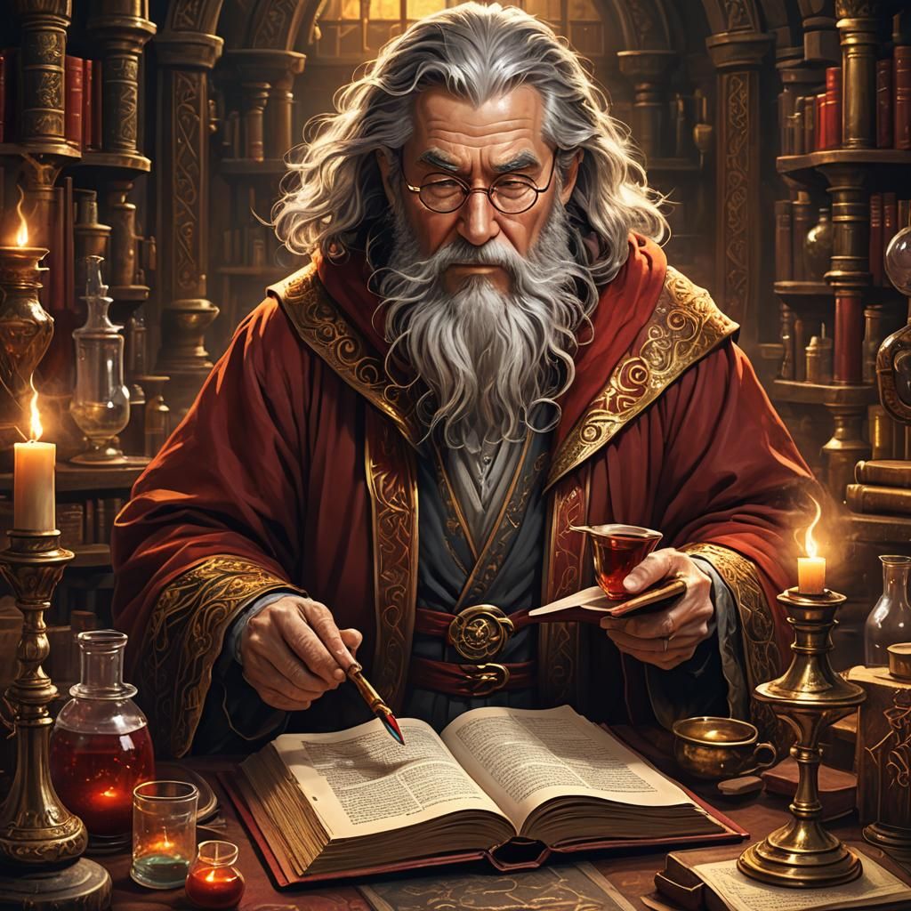 Wizard Reads Book in Art Nouveau Style
