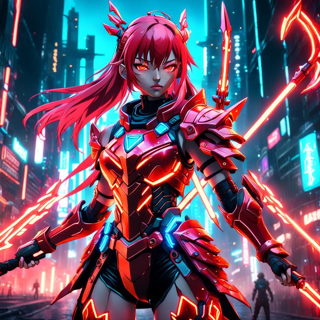 Neon Anime Warrior Girl: Detailed Digital Art