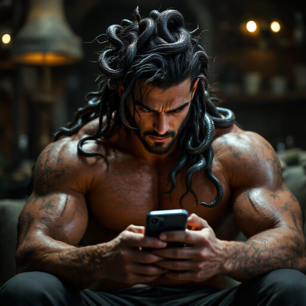 Surreal Medusa Hunk Confronts Modern Technology