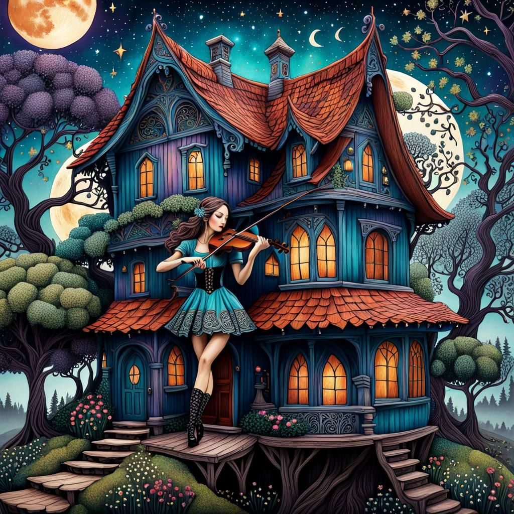 Whimsical Cottage with Moon, Stars and Violin