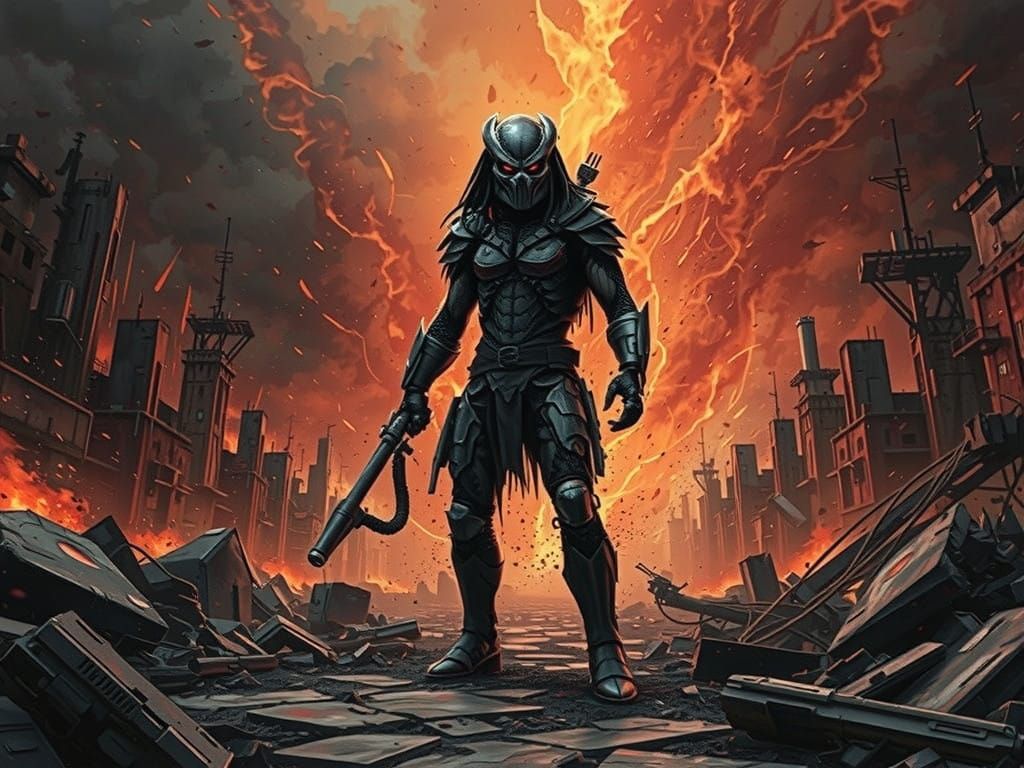 Cyberpunk Predator Emerges from War-Torn Cityscape in Fiery...