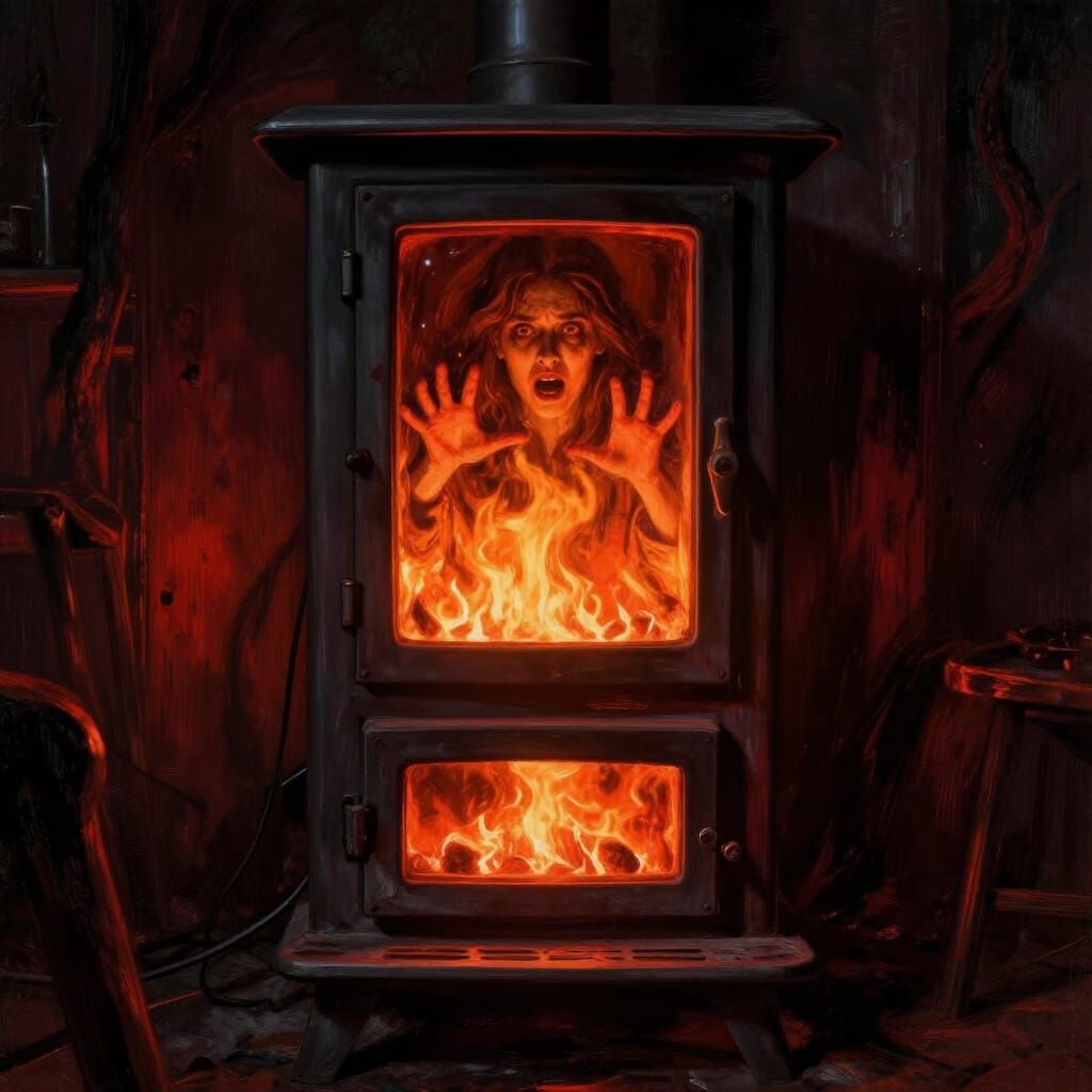 Trapped Woman's Face in Burning Stove