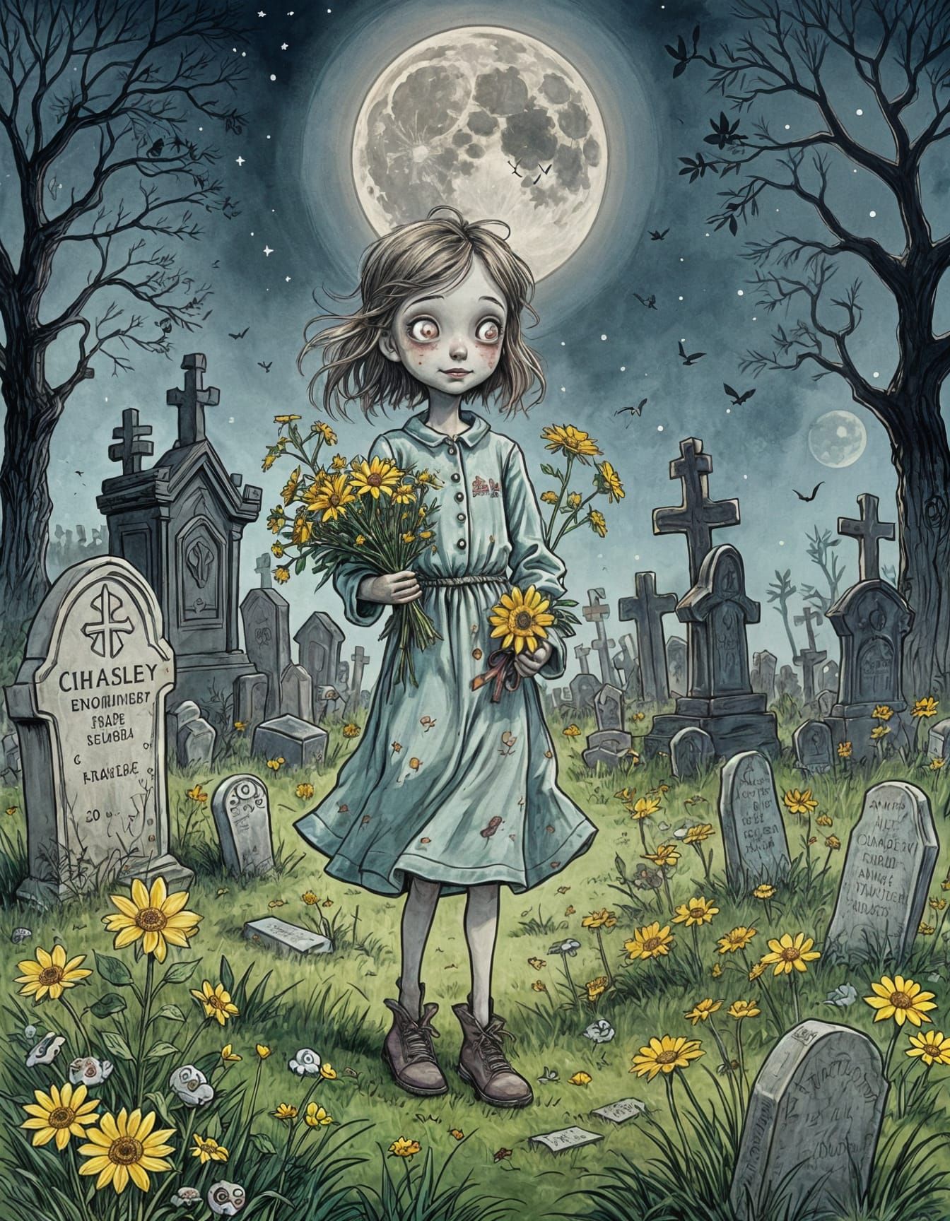 Cute Zombie Girl with Flowers, Illustrated Style