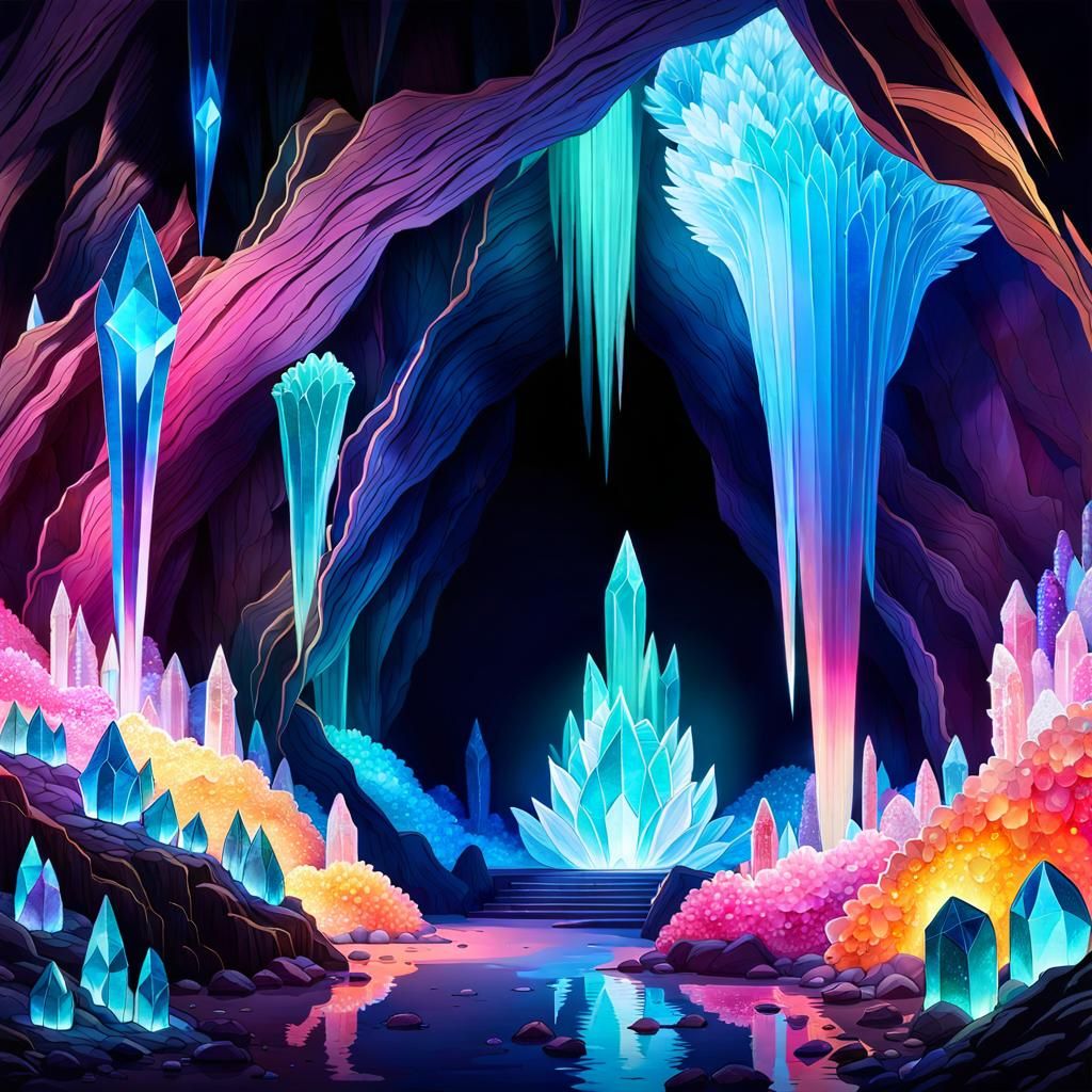 Luminous Cavern with Sparkling Geodes and Crystals