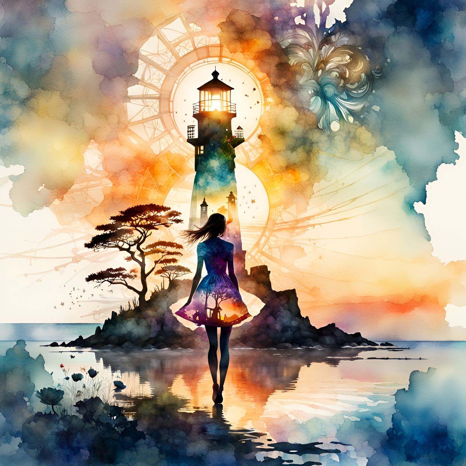 Fantasy Double Exposure: Lighthouse Sunset in Watercolor
