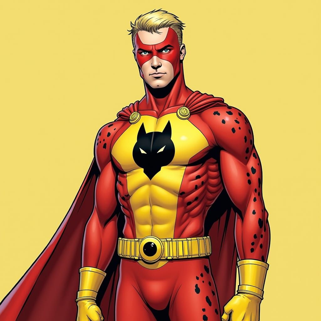 Athletic Hero in Red and Yellow Superhero Suit with Lynx Emb...
