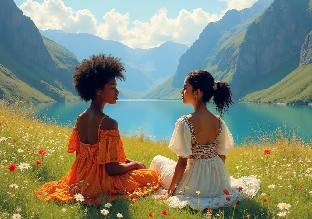 Women in Wildflower Field: Impressionist Watercolor Art