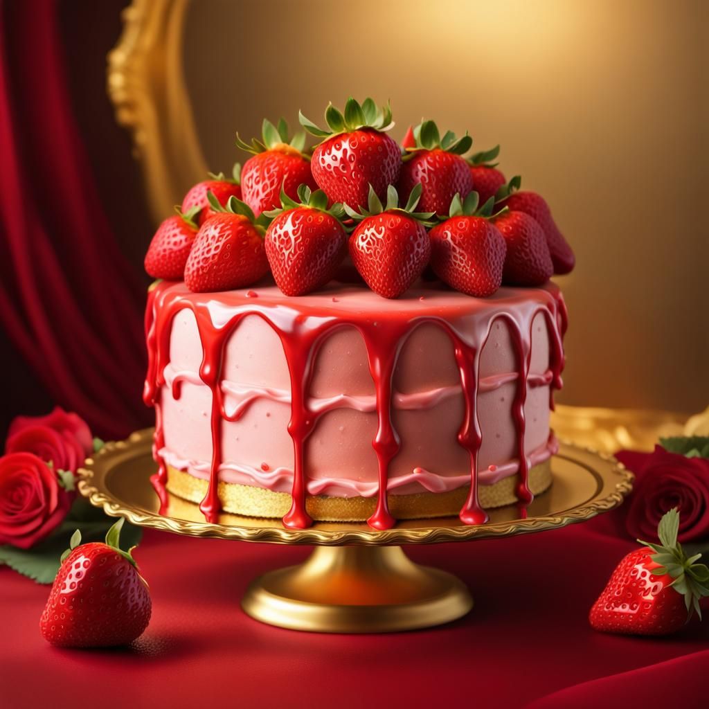Hyperrealistic Strawberry Cake with Red Roses