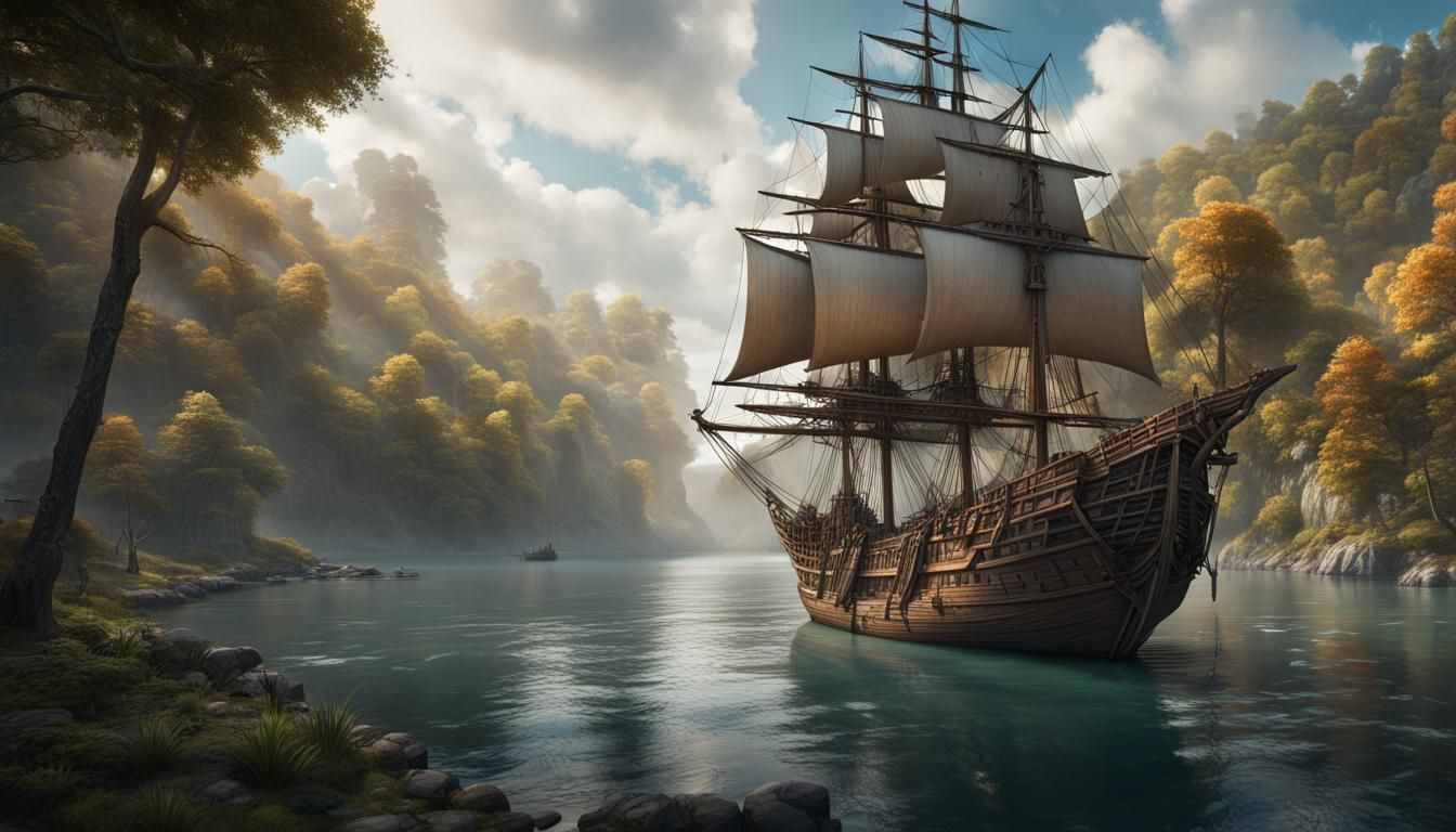 Three-Masted Ship and Village: Detailed Matte Painting