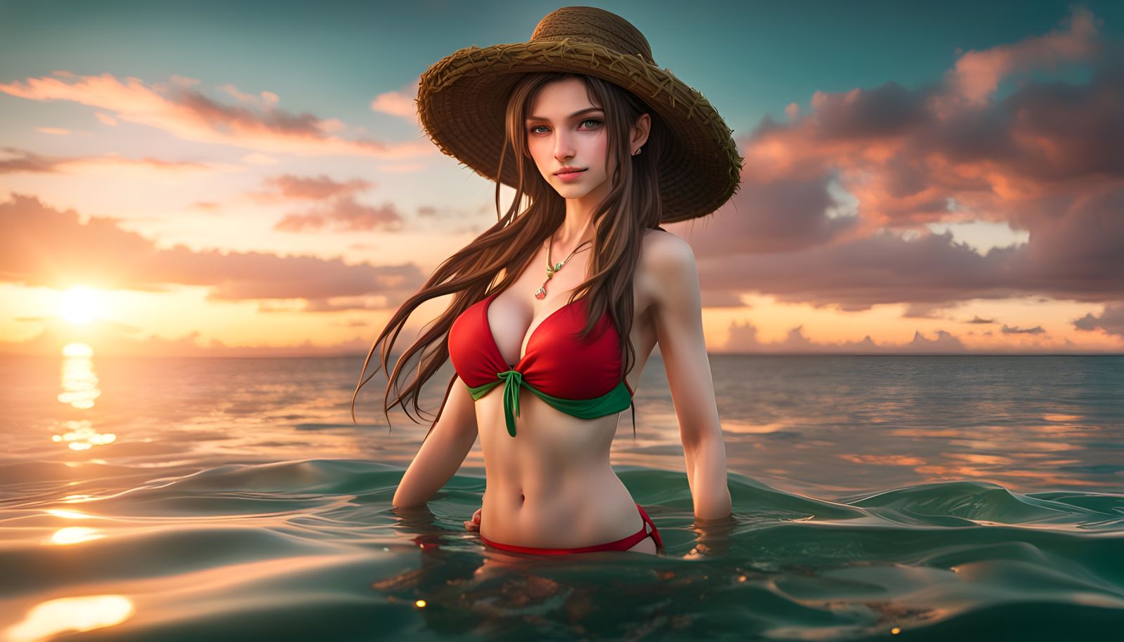 Aerith Gainsborough at Sunset, Hyperrealistic Beach Scene