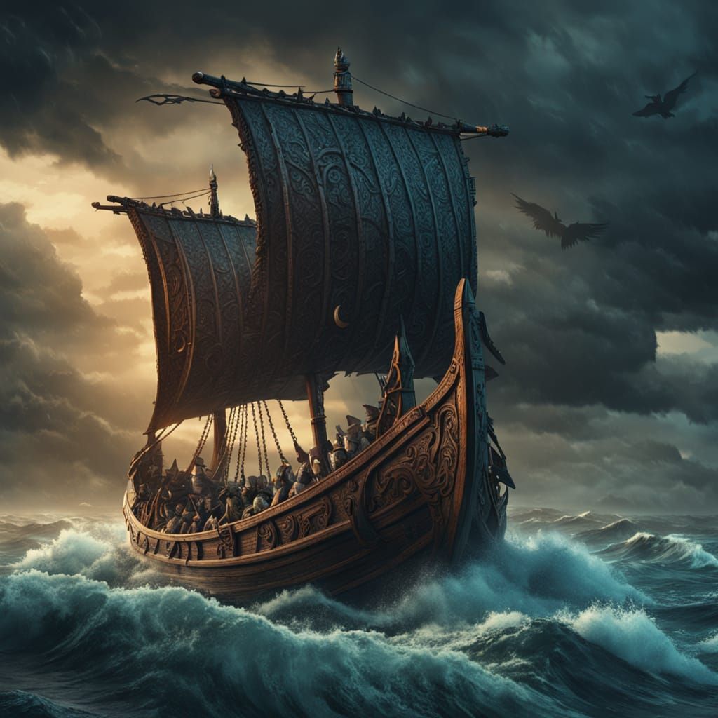 Viking Longship with Intricate Wolf and Raven Carvings on St...